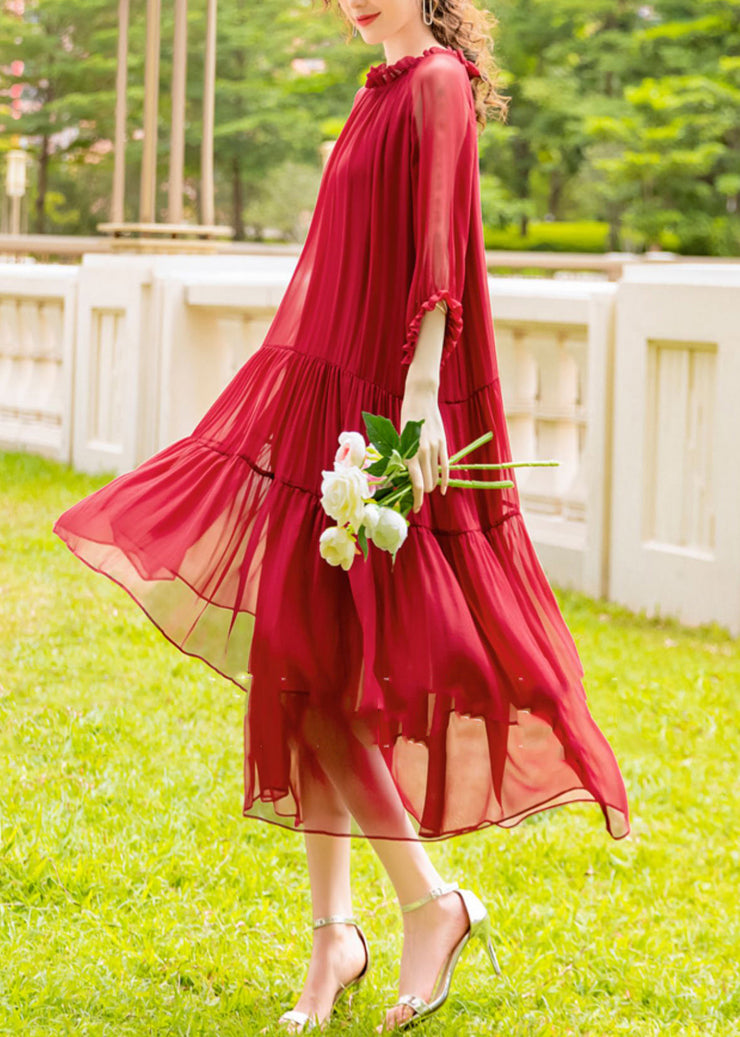 Organic Red Ruffled Patchwork Silk Long Dress Summer