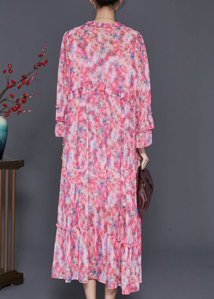 Organic Red Ruffled Print Chiffon Long Dresses Flare Sleeve