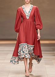 Organic Red Ruffled Print Long Dresses Fall