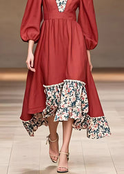 Organic Red Ruffled Print Long Dresses Fall