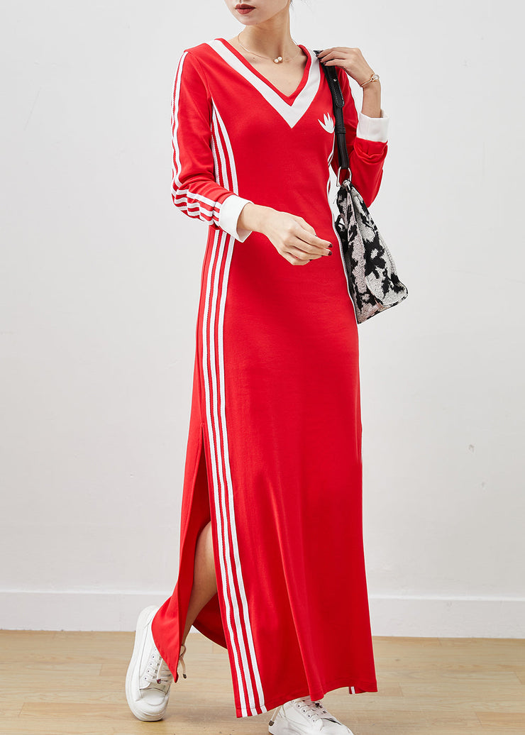 Organic Red Striped Side Open Cotton Long Dresses Spring