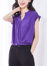 Organic Red V Neck Button Chiffon Shirt Short Sleeve