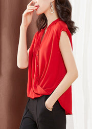 Organic Red V Neck Button Chiffon Shirt Short Sleeve