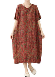 Organic Red V Neck Print Patchwork Cotton Long Dresses Summer