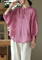 Organic Rose Patchwork Button Solid Ramie Top Long Sleeve