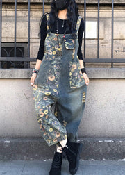 Organic Slash Neck Print Patchwork Denim Jumpsuit Spring