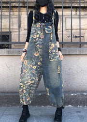 Organic Slash Neck Print Patchwork Denim Jumpsuit Spring