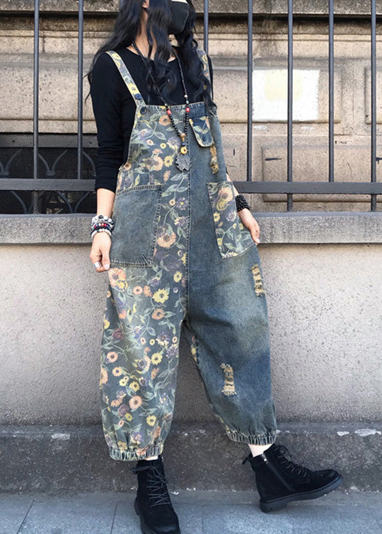 Organic Slash Neck Print Patchwork Denim Jumpsuit Spring