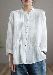 Organic Stand Collar Cinched Spring Linen Shirt Tunics White Cotton Blouse - bagstylebliss