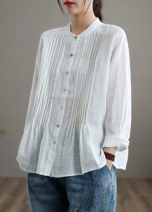 Organic Stand Collar Cinched Spring Linen Shirt Tunics White Cotton Blouse - bagstylebliss