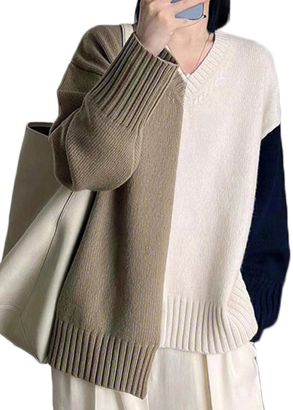 Organic V Neck Asymmetrical Patchwork Thick Knit Sweater Fall