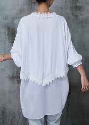 Organic White Asymmetrical Patchwork Lace Cotton Shirt Top Spring