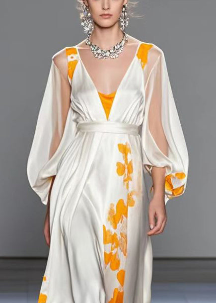 Organic White Cinched Print Silk Robe Dresses Lantern Sleeve