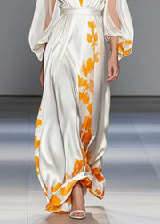 Organic White Cinched Print Silk Robe Dresses Lantern Sleeve