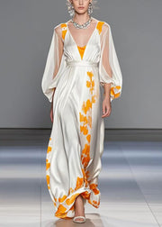 Organic White Cinched Print Silk Robe Dresses Lantern Sleeve