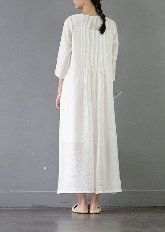 Organic White O Neck Wrinkled Patchwork Long Cotton Dress Spring