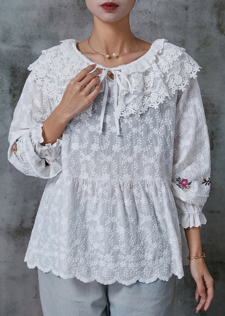 Organic White Peter Pan Collar Embroidered Cotton Top Spring