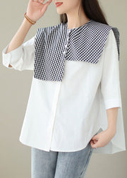 Organic White Plaid Button Shawl And Shirts Two Pieces Set Summer