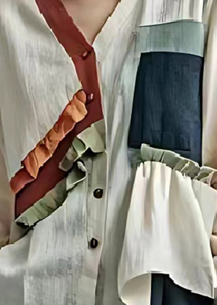 Organic White Ruffled Patchwork Linen Shirt Top Spring