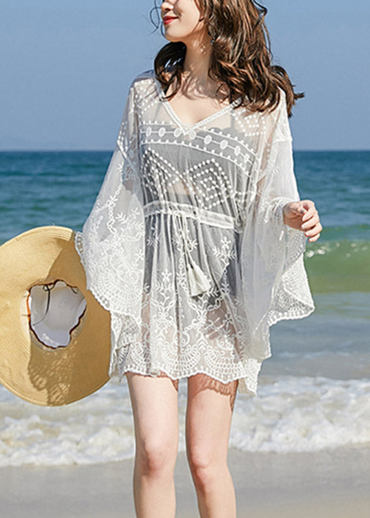 Organic White V Neck Lace Bikini Cover Ups Long Sleeve