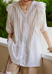 Organic White V Neck Patchwork Hollow Out Silk Shirts Short Sleeve