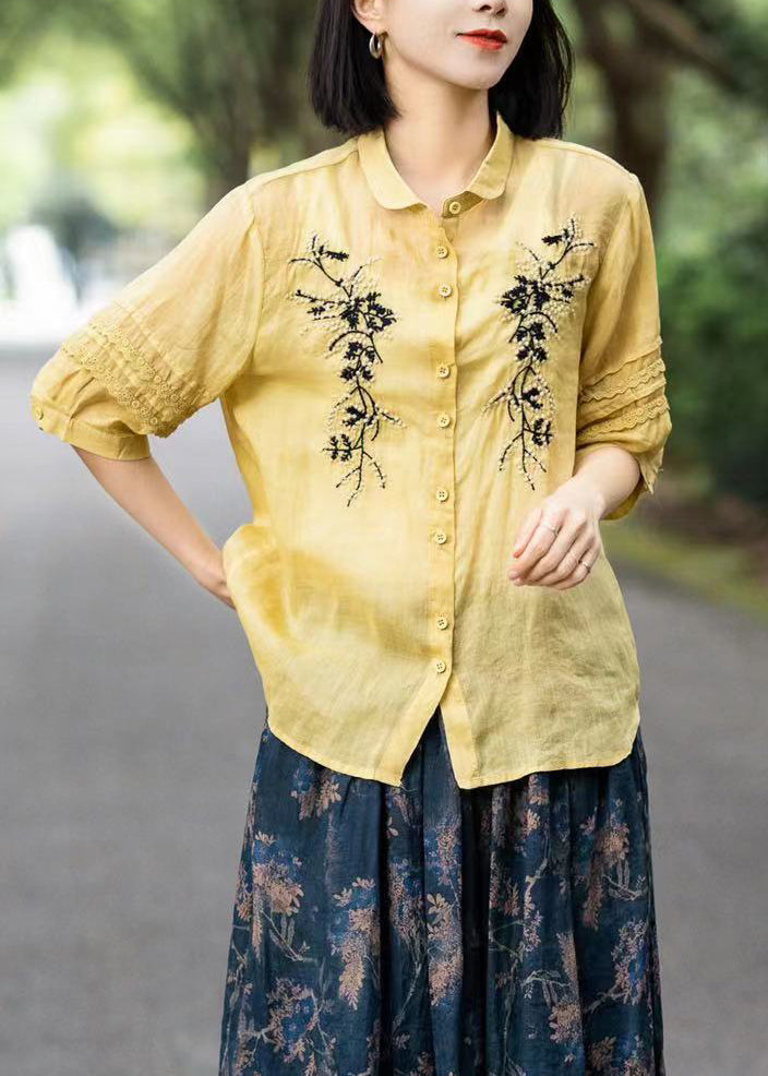 Organic Yellow Embroideried Lace Patchwork Ramie Shirts Fall