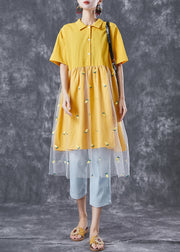 Organic Yellow Embroideried Patchwork Tulle Cotton Dress Summer