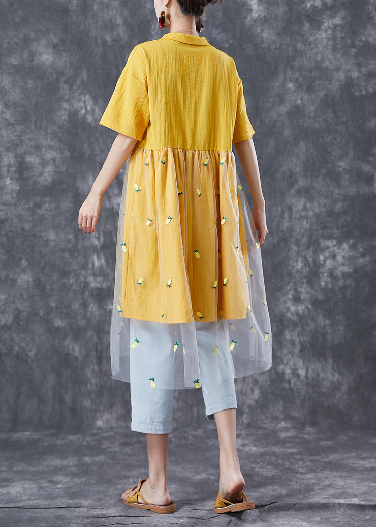 Organic Yellow Embroideried Patchwork Tulle Cotton Dress Summer