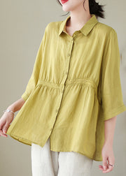 Organic Yellow Green Peter Pan Collar Lace Patchwork Cotton Shirts Half Sleeve