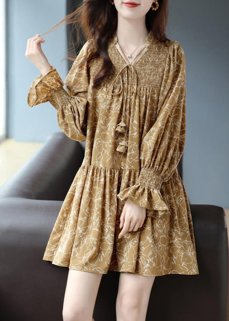 Organic Yellow Lace Up Print Chiffon Mid Dresses Long Sleeve