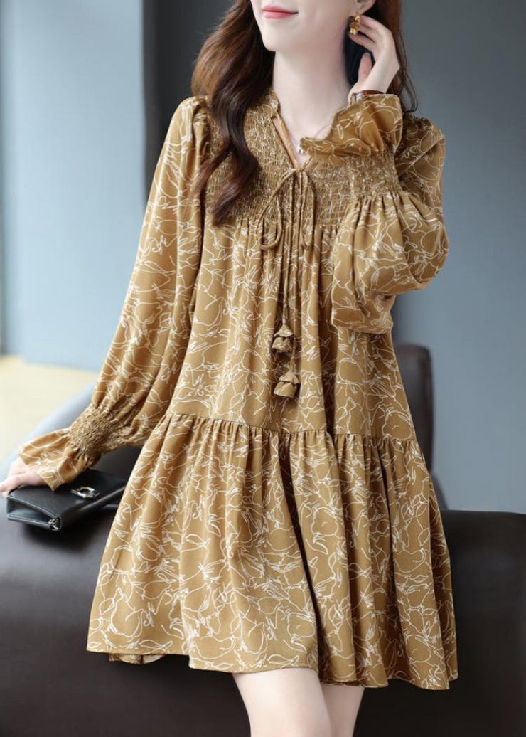 Organic Yellow Lace Up Print Chiffon Mid Dresses Long Sleeve