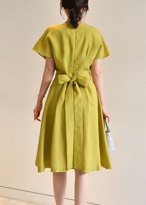 Organic Yellow O Neck Bow Wrinkled Cotton Mid Dress Summer