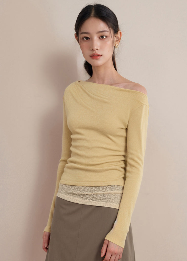 Organic Yellow Patchwork Fake Two Pieces Knit Tops Fall