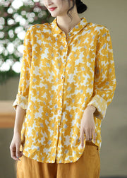 Organic Yellow Peter Pan Collar Print Cotton Shirts Long Sleeve