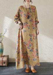 Organic Yellow Print Cozy Long Dresses Spring