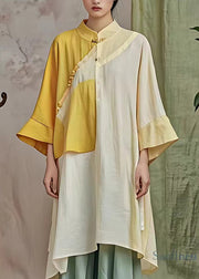 Organic Yellow Stand Collar Patchwork Long Dress Flare Sleeve