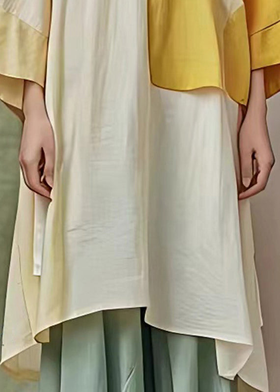 Organic Yellow Stand Collar Patchwork Long Dress Flare Sleeve