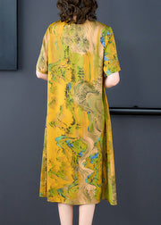 Organic Yellow Tasseled Print Patchwork Silk Dress Summer