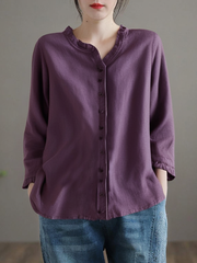 Grace Purple Ruffled Button Tops Half Sleeve