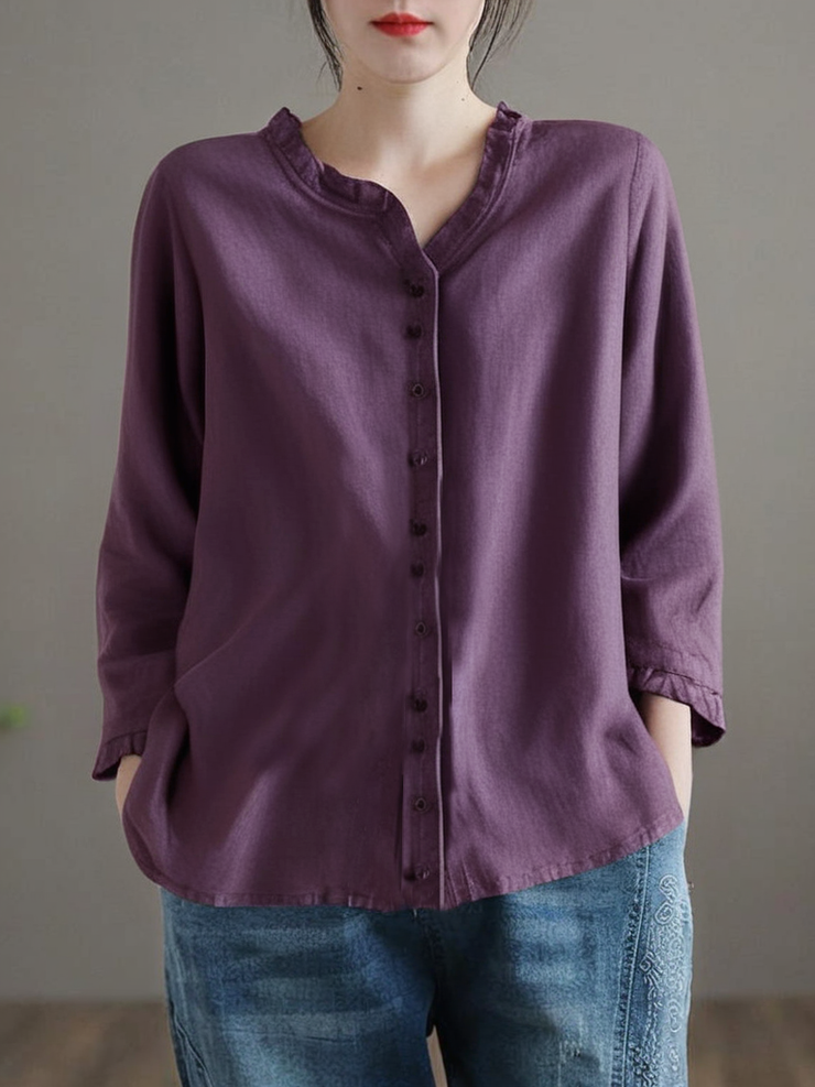 Grace Purple Ruffled Button Tops Half Sleeve