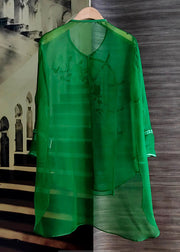 Organza Green O-Neck Embroideried Floral Low High Design Silk Mid Dress Long Sleeve