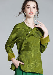 Oriental Green V Neck Jacquard Patchwork Silk Shirt Tops Spring