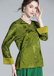 Oriental Green V Neck Jacquard Patchwork Silk Shirt Tops Spring