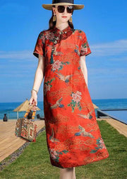 Oriental Orange Stand Collar Tasseled Print Silk Dresses Summer