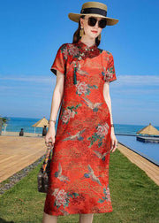 Oriental Orange Stand Collar Tasseled Print Silk Dresses Summer