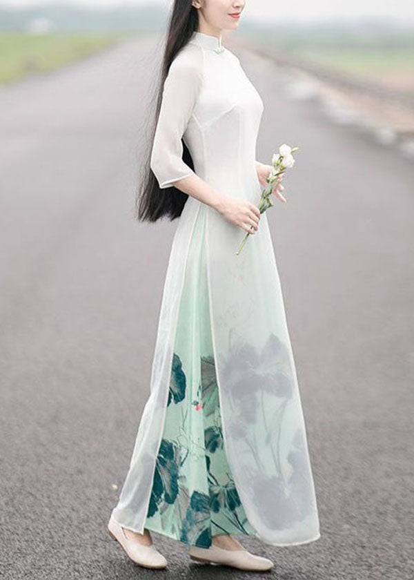 Oriental White Gradient Print Side Open Chiffon Dress Spring