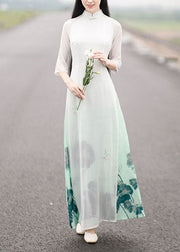 Oriental White Gradient Print Side Open Chiffon Dress Spring