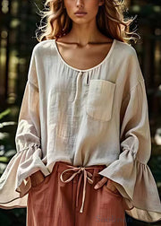 Original Apricot O Neck Pockets Solid Cotton Shirt Flare Sleeve