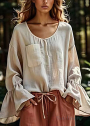 Original Apricot O Neck Pockets Solid Cotton Shirt Flare Sleeve