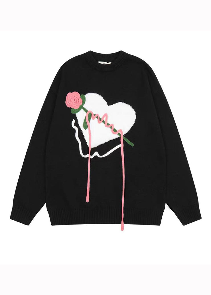 Original Black O Neck Heart Floral Knit Knitted Sweaters Fall